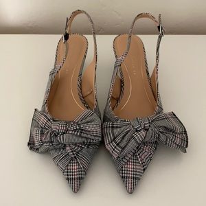 Zara pointed kitten heel plaid bow shoes